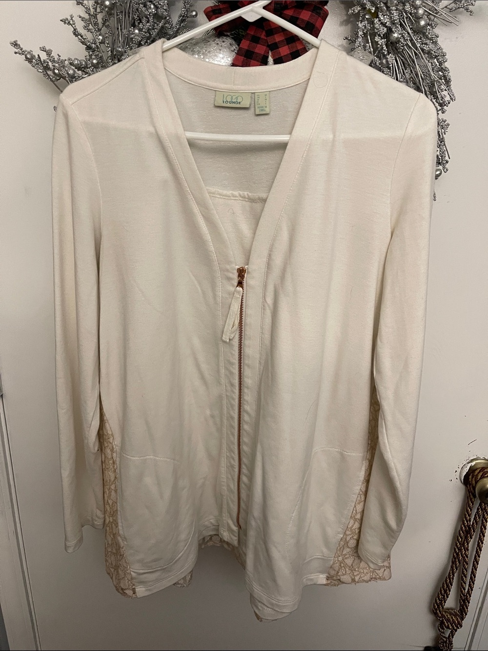 LeNeve Cream Zip-Front Women's Sweater with Lace Insets